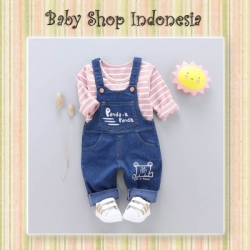 large setelan overall panda pink